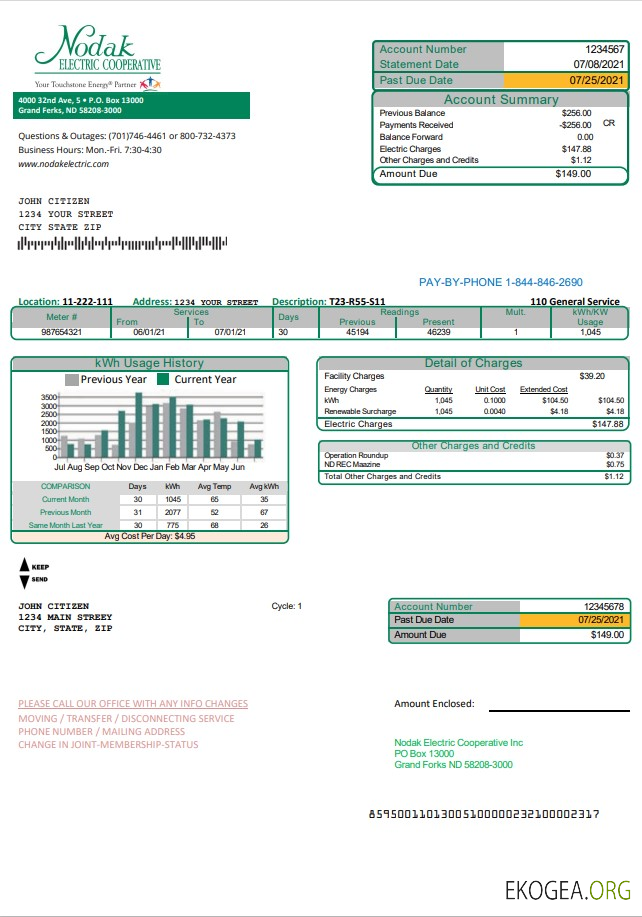 USA North Dakota Nodak Electric Cooperative utility bill template in Word and PDF format